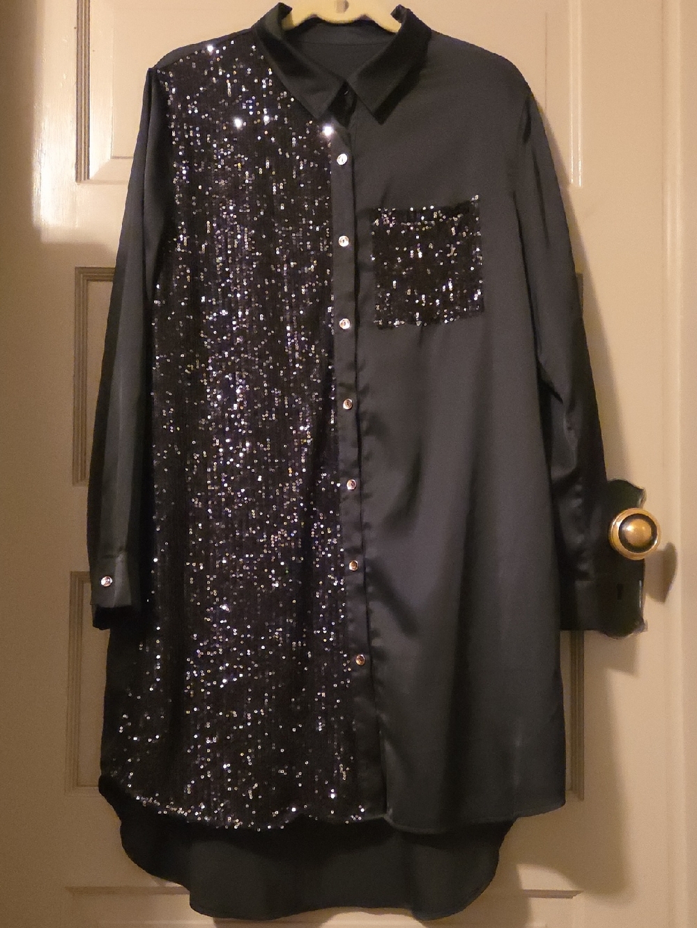 Black Sequin Panel Button-Up Tunic Shirt Dress